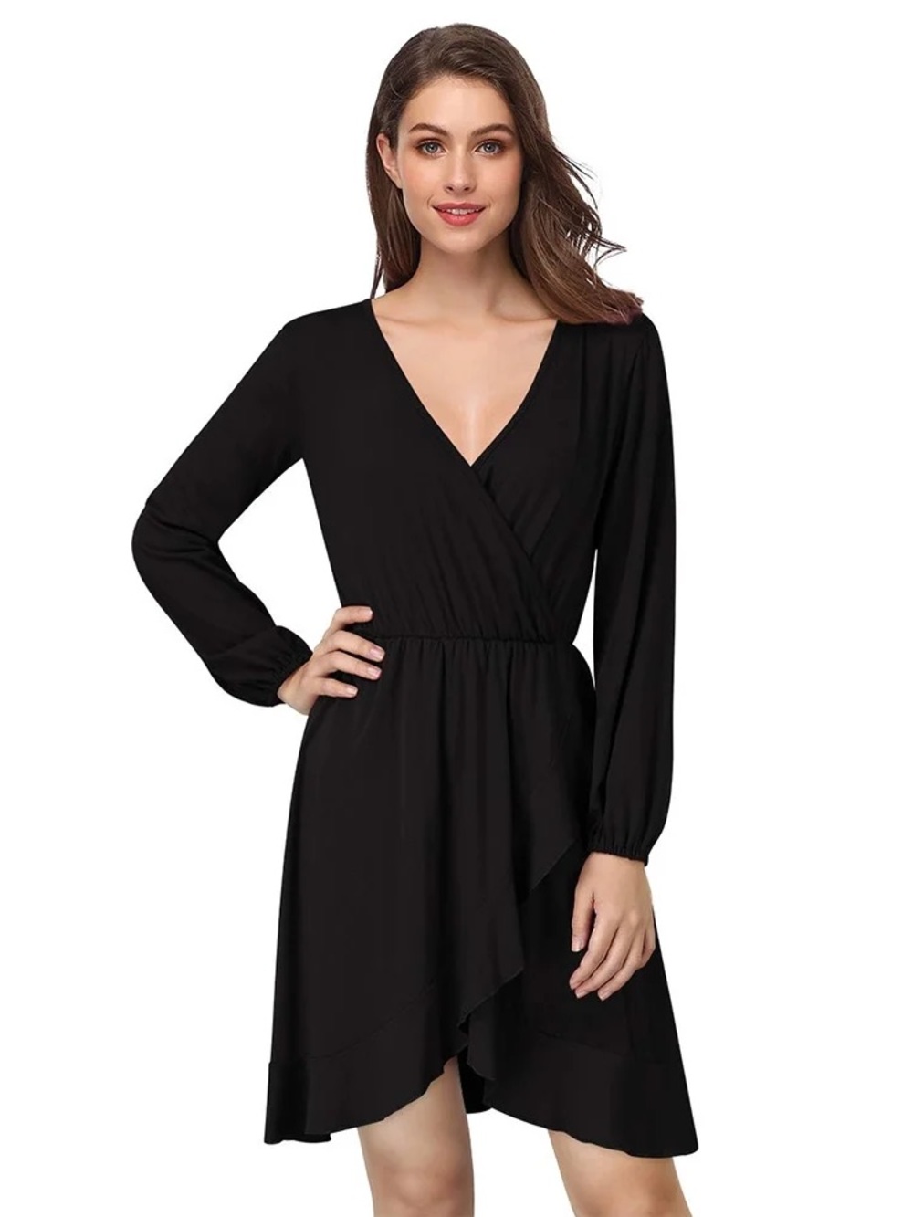 Forever 21 Black Long Sleeve Wrap Dress with Ruffle Hem